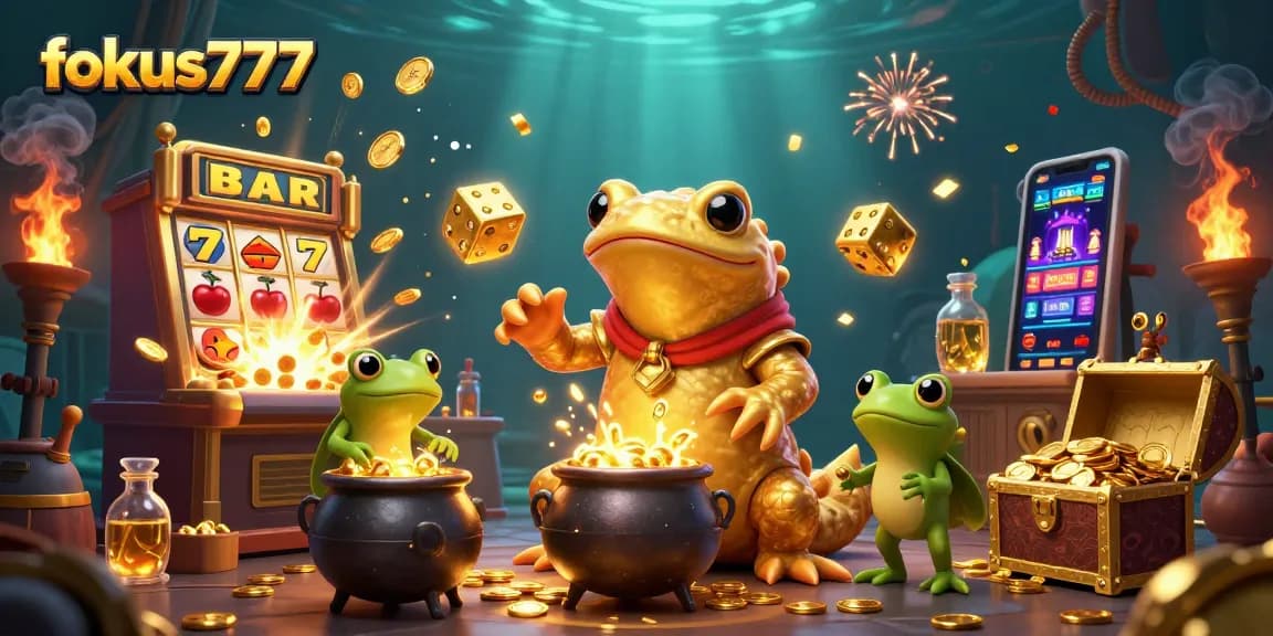 Experience exciting gameplay at fokus777 with rich casino visuals featuring giant alchemist and slot machines.
