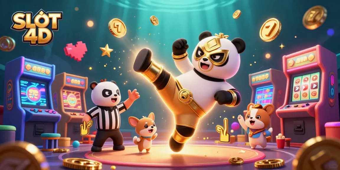 Experience the thrill of SLOT 4D with a dynamic scene featuring a wrestler panda, referee chihuahua, and excited animal fans amid casino elements.