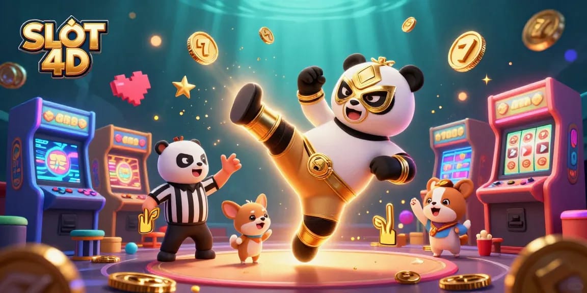Experience the thrill of SLOT 4D with a dynamic scene featuring a wrestler panda, referee chihuahua, and excited animal fans amid casino elements.