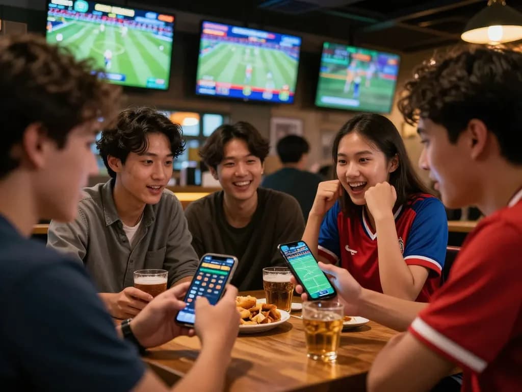 Engaged fans analyzing tỷ lệ kèo nhà cái during live sports betting at a vibrant sports bar.