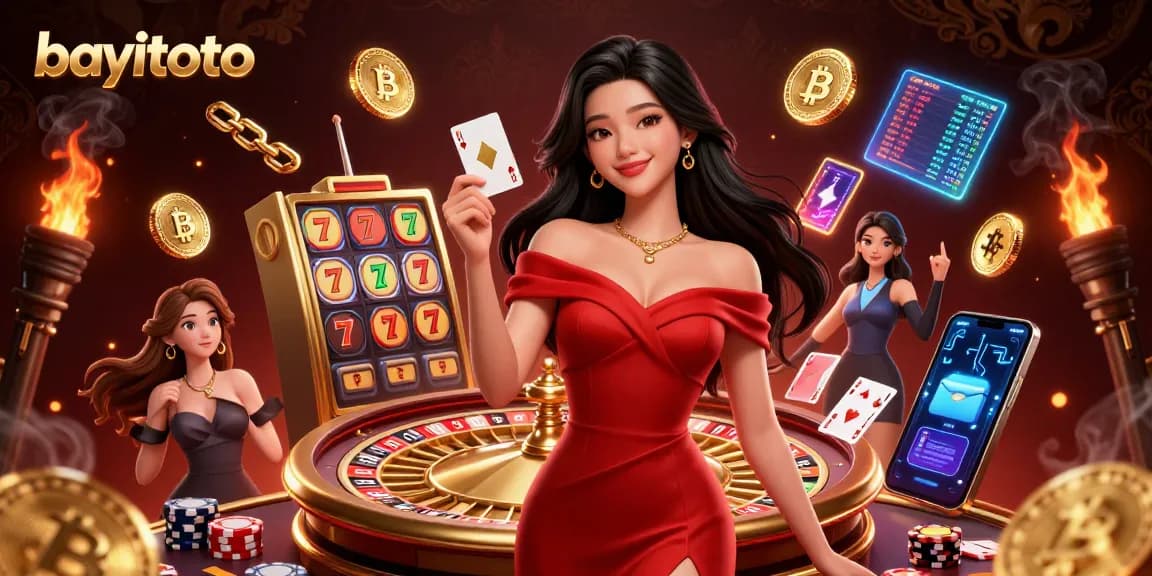 Experience the thrill of bayitoto as a stunning woman holds a golden playing card, set against an electrifying casino scene.