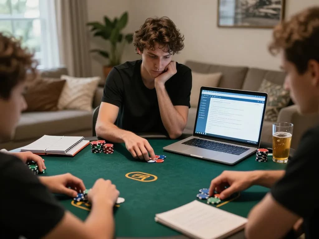 Engaged player strategizing in an online god55 casino poker game from home, with chips and notes visible