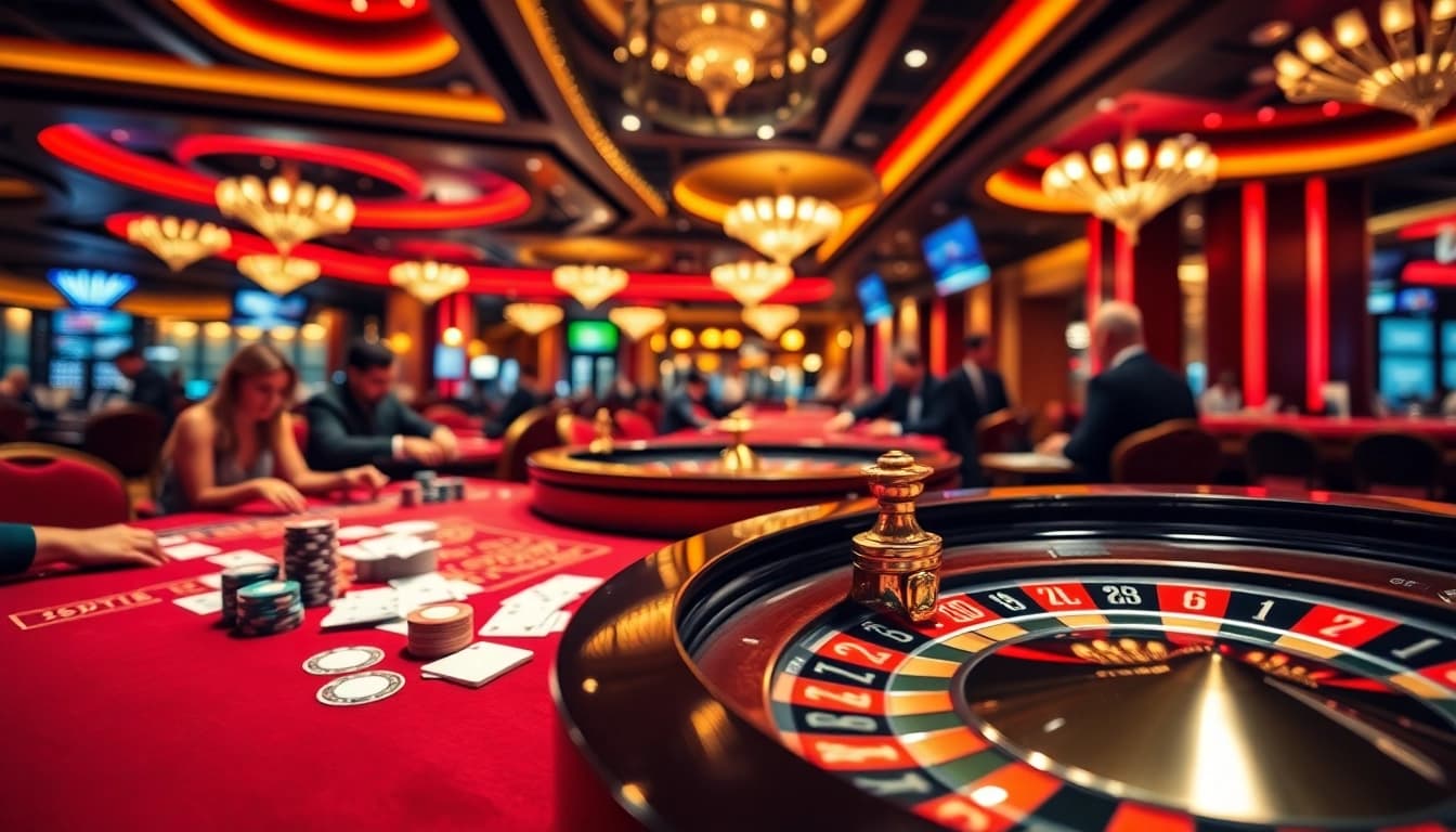 Gamblers engaging at the 79 King casino, showcasing poker chips and a roulette wheel in action.