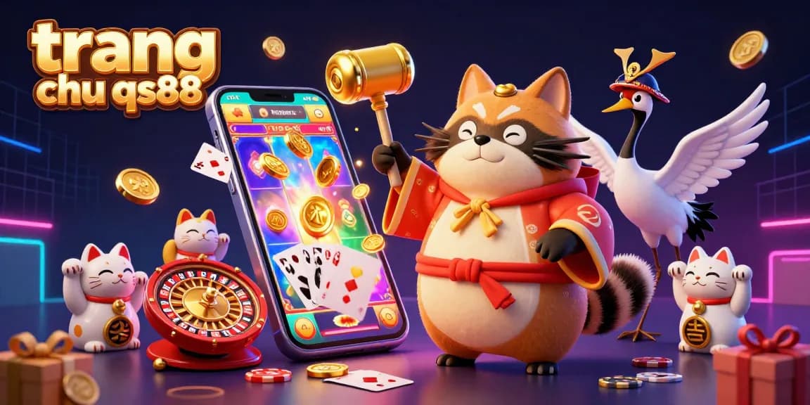 Join the excitement at trang chu qs88 with colorful slots and cheerful characters in a vibrant casino scene.