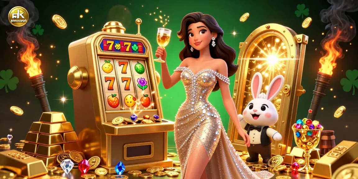 PinasPGS showcases a glamorous woman at a jackpot slot machine with vibrant casino elements.