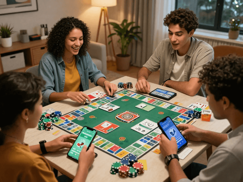 Indo Rummy players enjoying a lively game night with mobile app details and colorful chips.