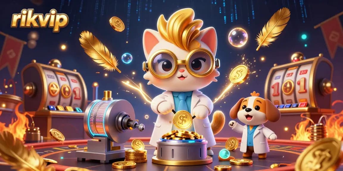 Experience thrilling gaming action at rikvip, featuring a mad scientist cat and loyal dog amid golden coins and vibrant casino elements.