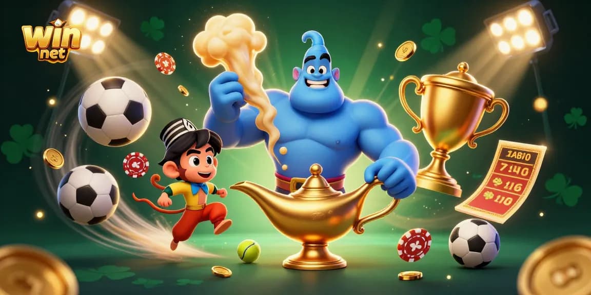Experience the thrill of win net with a muscular genie and playful monkey in a vibrant casino illustration.