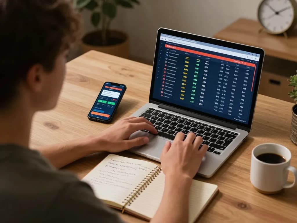 Soi keo nha cai with a person focusing on live sports betting on a laptop, notebook and phone visible