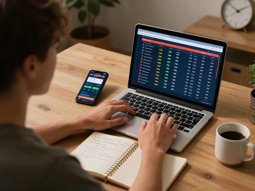 Soi keo nha cai with a person focusing on live sports betting on a laptop, notebook and phone visible