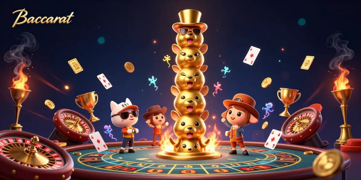 Engage in Baccarat at a vibrant casino scene with dynamic elements and golden visuals.