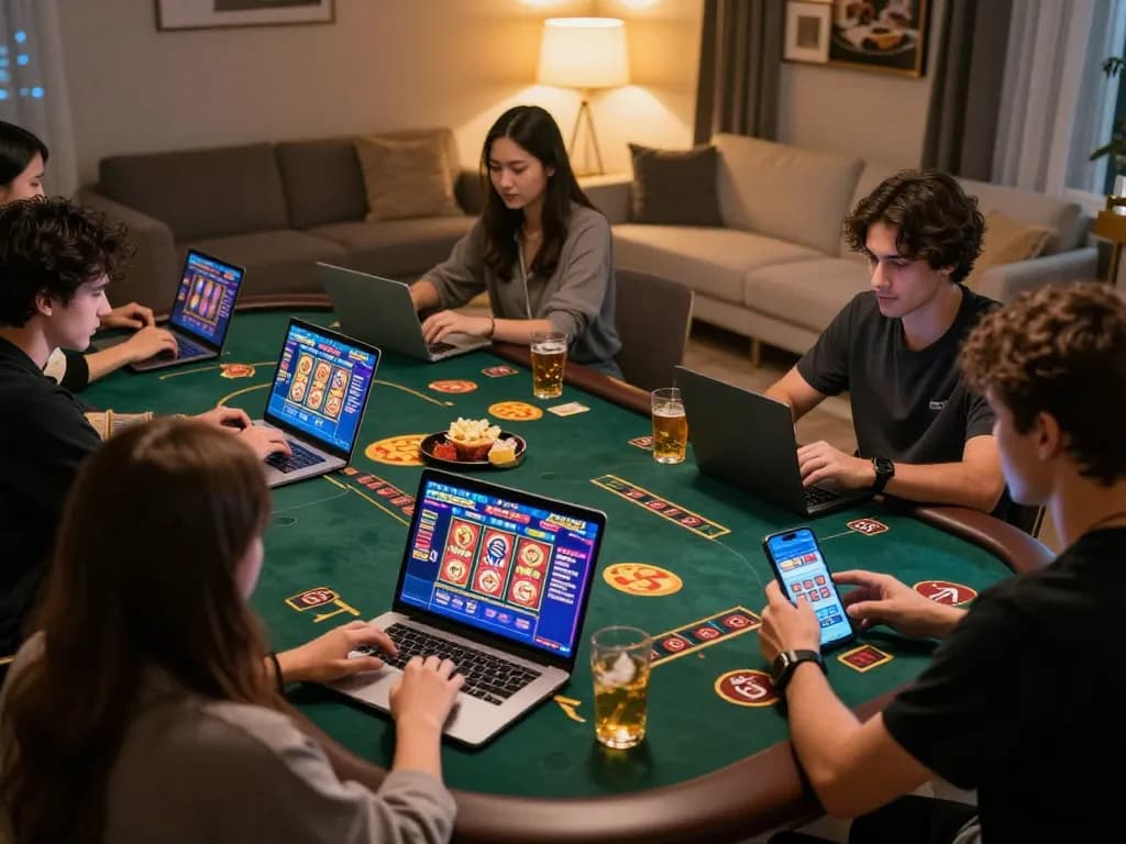 Players enjoying Sunwin online casino games on laptops and smartphones in a cozy home setting.