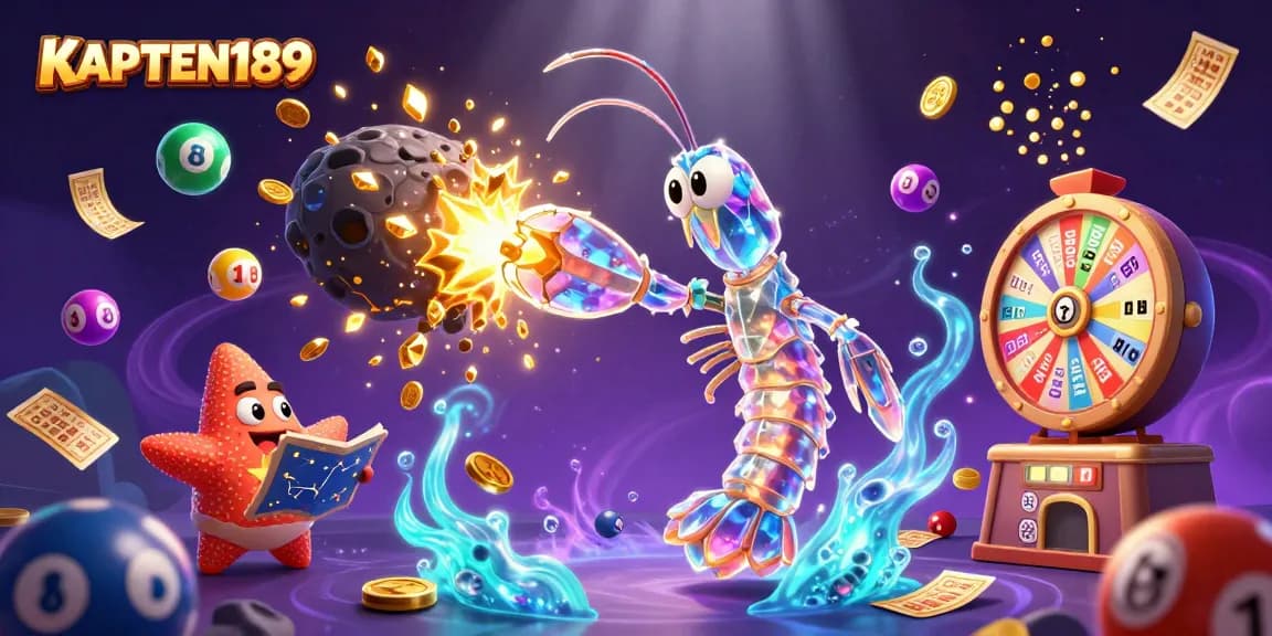 KAPTEN189 merayakan kemenangan dengan samurai mantis 3D berkelap-kelip dan bola lotre penuh warna.