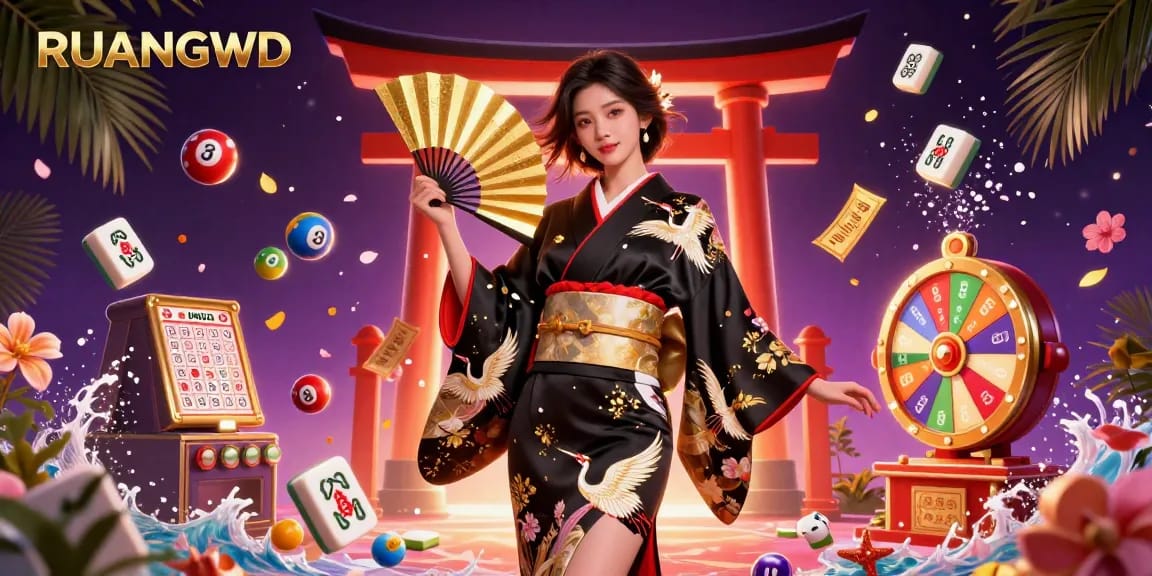 Engage with RUANGWD's vibrant gaming atmosphere, highlighting elegant Asian woman amidst lottery balls and casino elements.