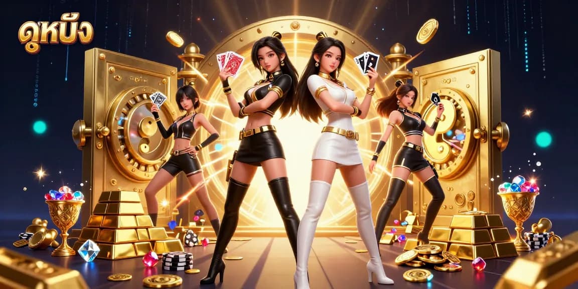 Engaging ดูหนัง experience with twin Asian women in a casino setting showcasing vibrant gaming elements.