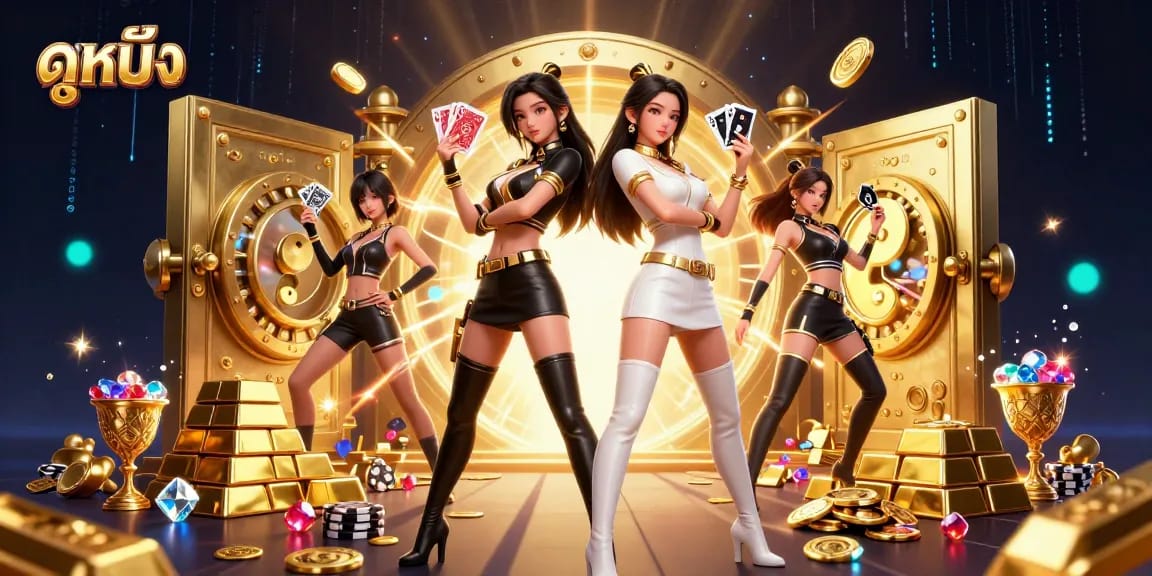 Engaging ดูหนัง experience with twin Asian women in a casino setting showcasing vibrant gaming elements.