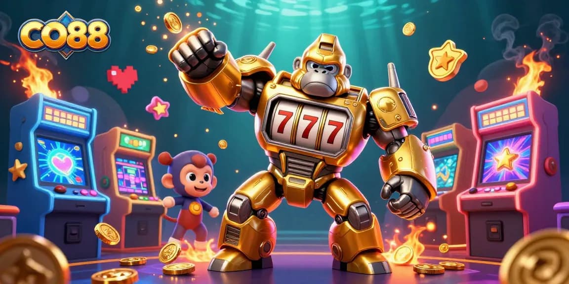 Engage in thrilling gameplay at CO88 featuring a golden gorilla mech amidst vibrant casino elements.