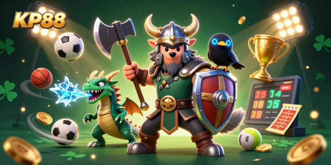 Experience thrilling gameplay at KP88 with Viking warrior, dragon, and dynamic sports elements.
