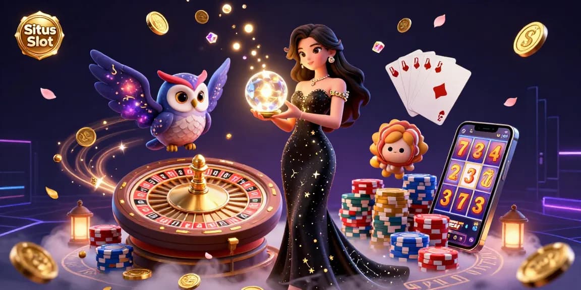 Situs Slot offers thrilling gaming experiences with a mystical woman, owl, and casino elements in a vibrant scene.