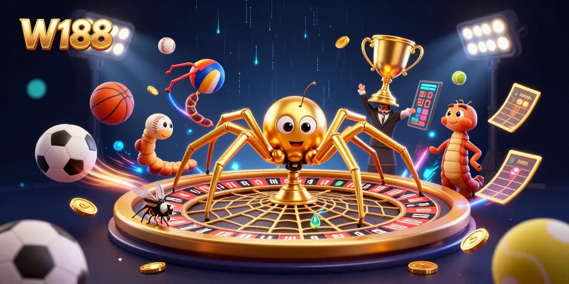 W188 spins the roulette wheel with golden spider and centipede croupier in a vibrant casino scene.