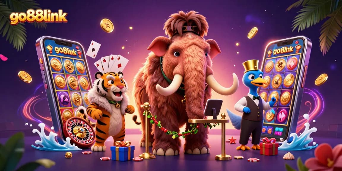 Join the action with go88link at vibrant casino scene featuring a unique woolly mammoth bouncer.