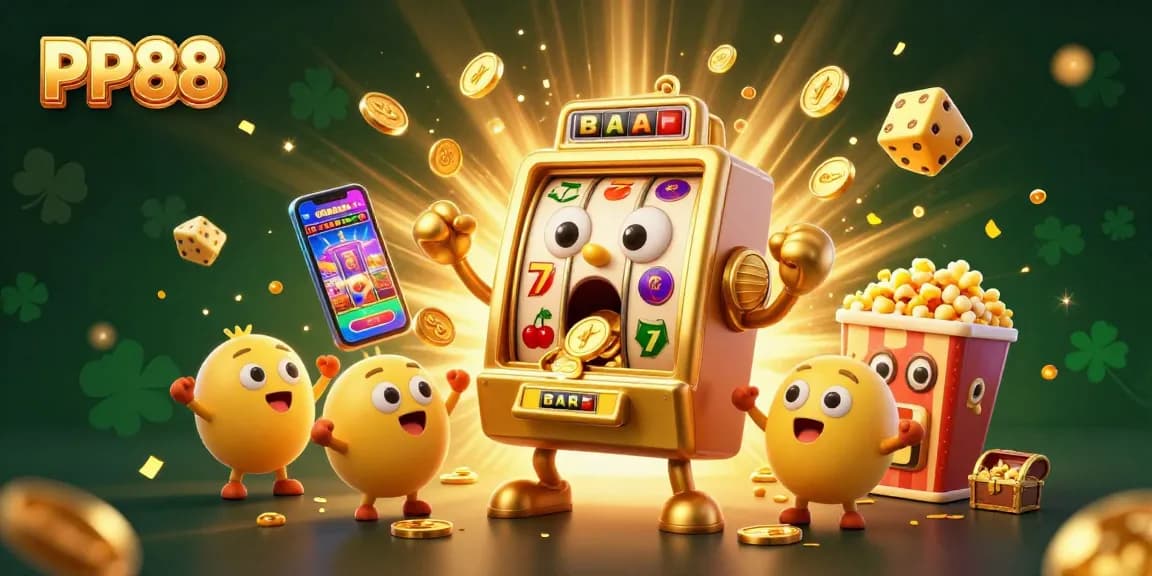 Experience the thrilling jackpot excitement at PP88 with vibrant 3D casino illustrations showcasing machines and games.