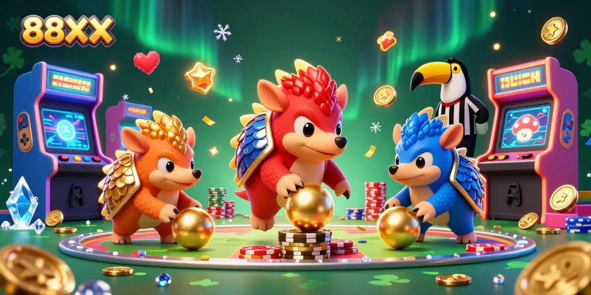 Win big with 88XX as colorful pangolins roll golden balls and stack poker chips in this dynamic casino scene.