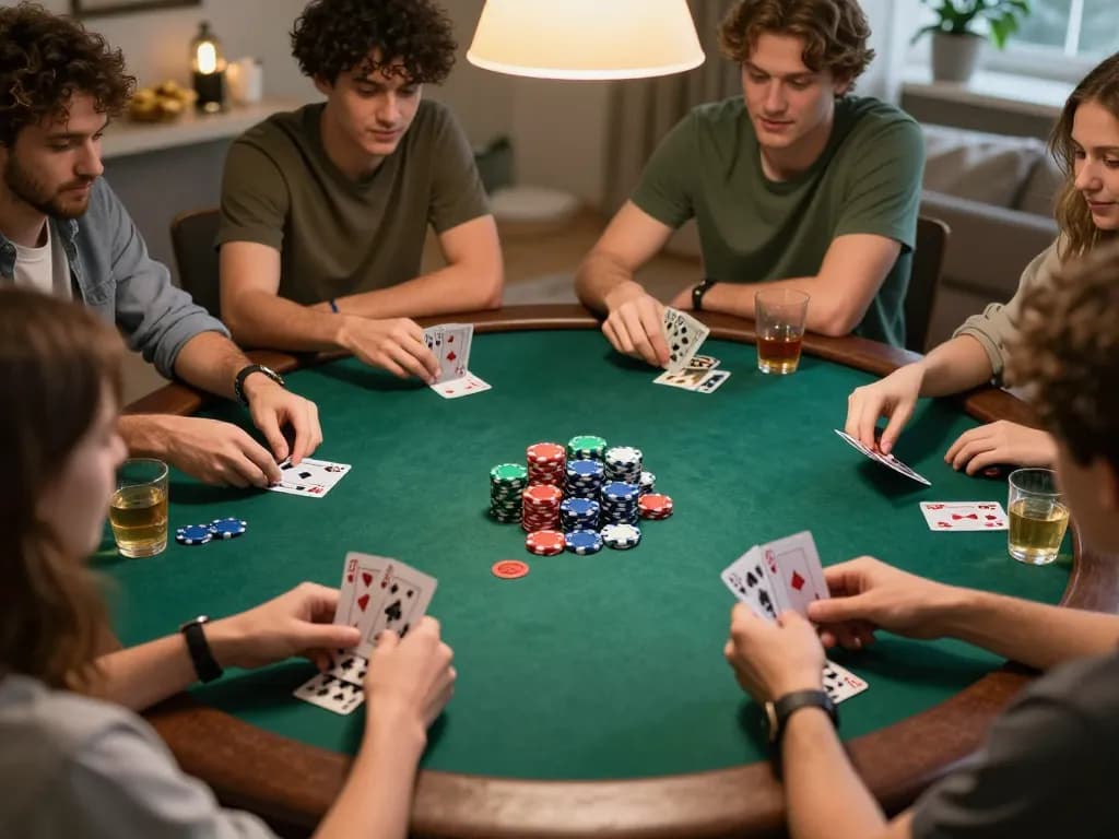 Engaged friends playing poker at home while exploring Rik vip strategies for winning