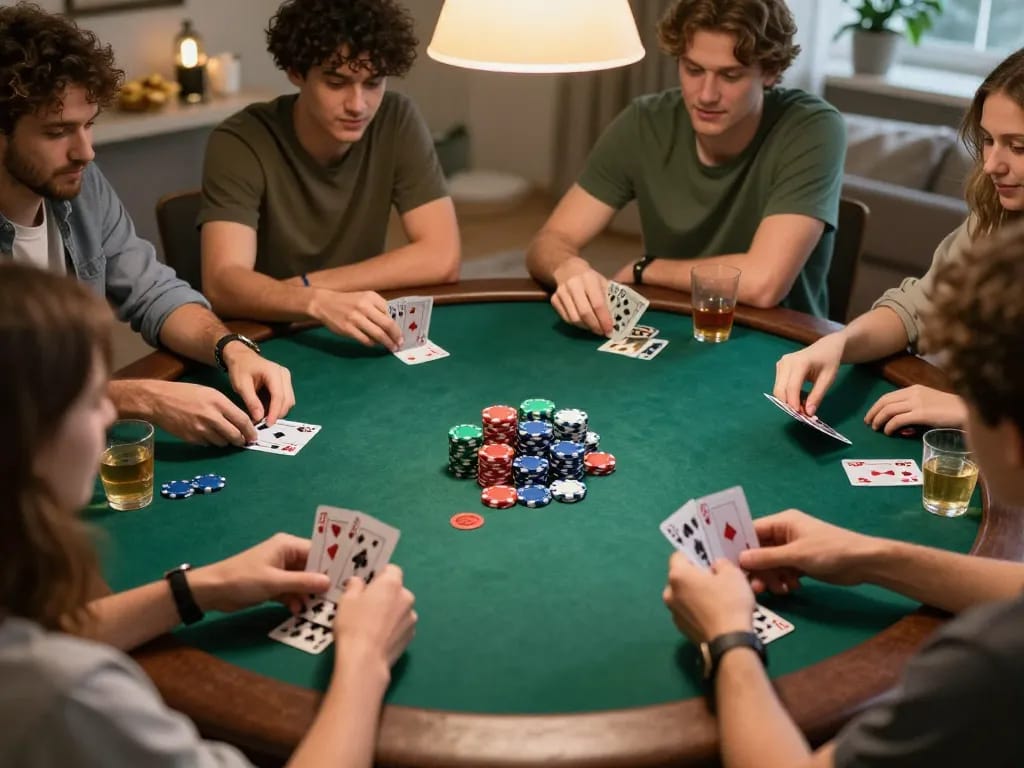 Engaged friends playing poker at home while exploring Rik vip strategies for winning