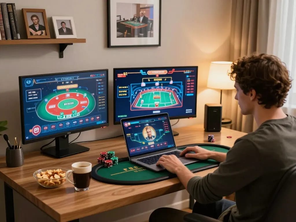 Experience intense gameplay with luck8 net as players enjoy poker in a cozy home setting.