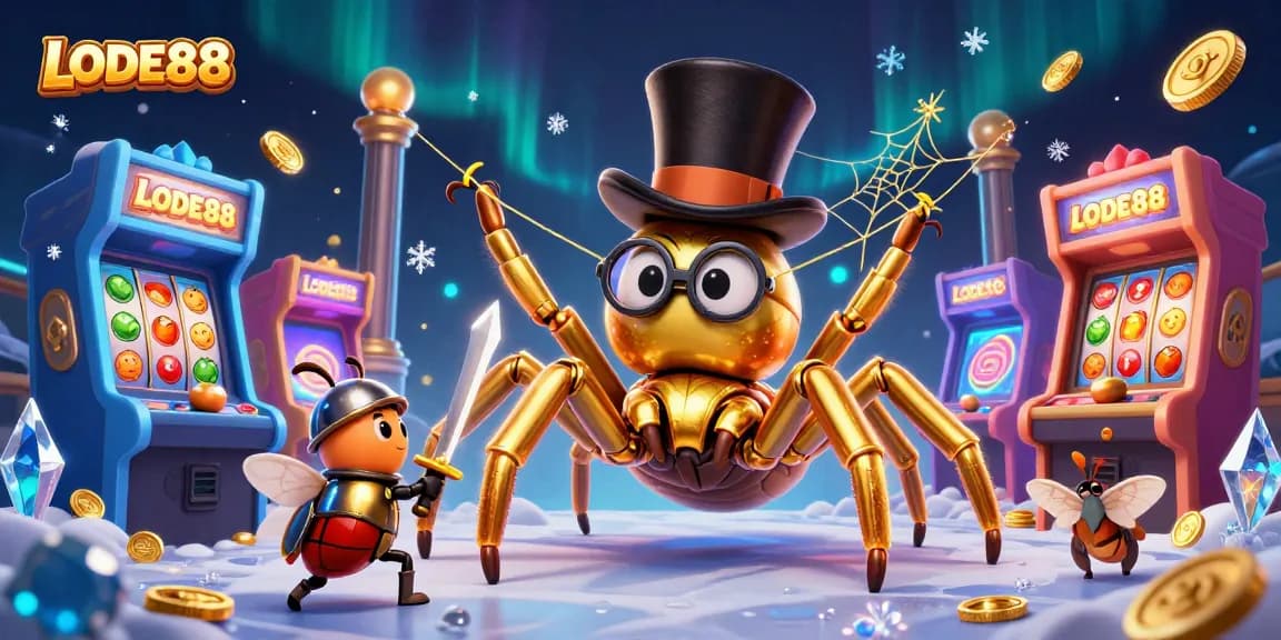 Play LODE88's thrilling games in a vibrant, animated casino scene featuring characters and gaming elements.