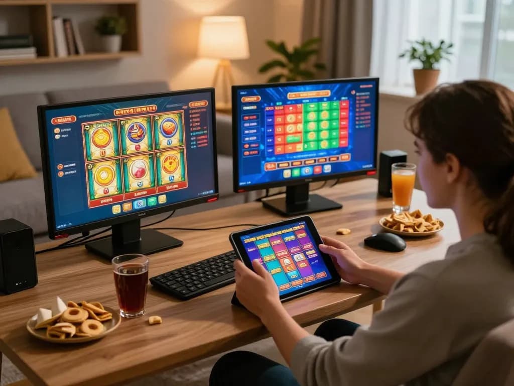 Player enjoying SC88 gaming on a tablet in a cozy home setting, emphasizing online casino entertainment