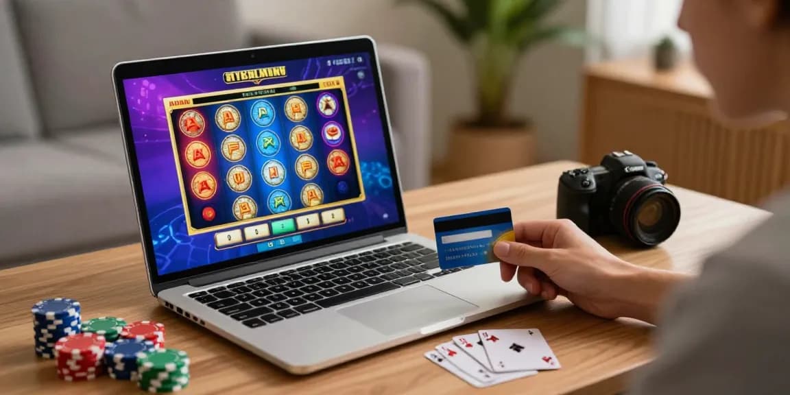 Exciting gaming moment at a credit card casino featuring vibrant slot games and cozy home setup.
