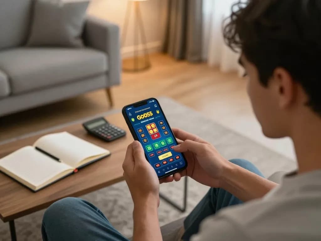Player enjoying online gambling through the God55 app on a mobile device in a cozy home setting, emphasizing the thrill of gaming.