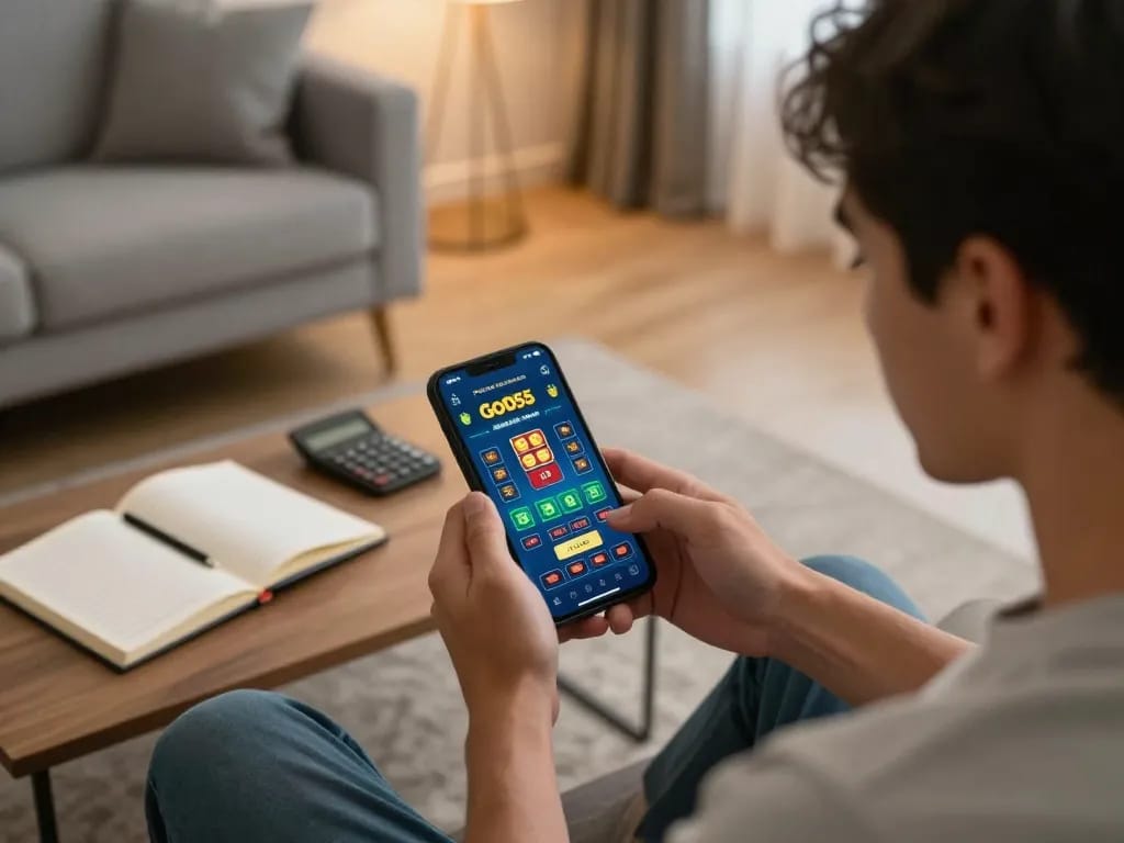 Player enjoying online gambling through the God55 app on a mobile device in a cozy home setting, emphasizing the thrill of gaming.
