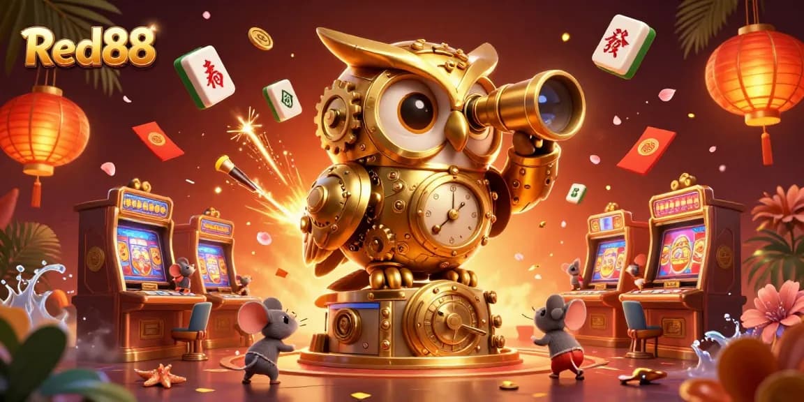 Experience exciting gameplay at Red88 with a rich 3D casino scene featuring a golden owl and vibrant game elements.