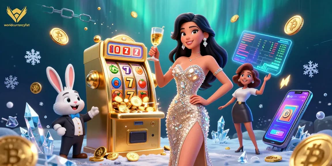 Engage with the worldcurrencylist scene featuring a glamorous character celebrating beside a jackpot slot machine.