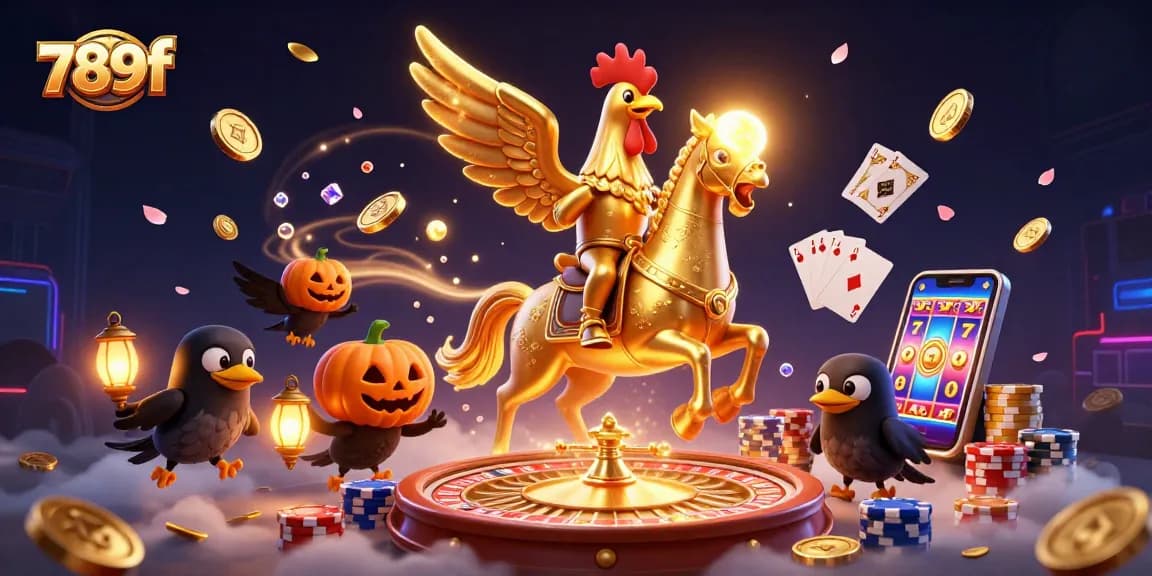 Win big with 789f in a vibrant casino scene featuring a golden rooster and his companions.