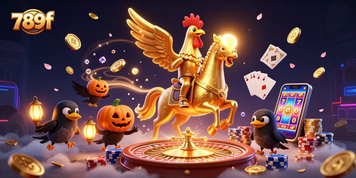 Win big with 789f in a vibrant casino scene featuring a golden rooster and his companions.