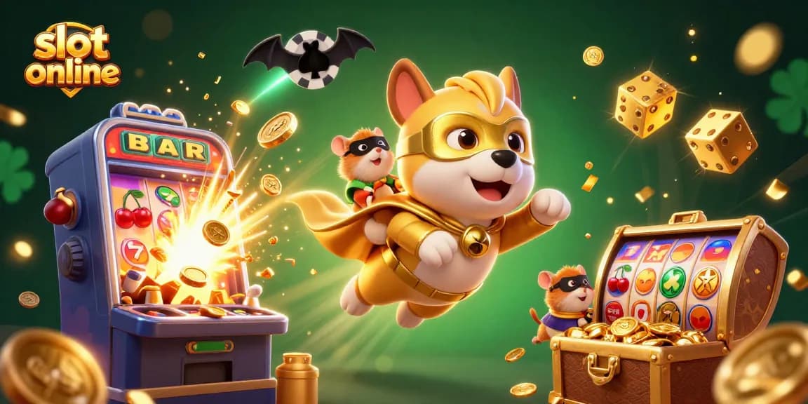 Experience thrilling slot online action with a 3D superhero dog and vibrant casino elements.