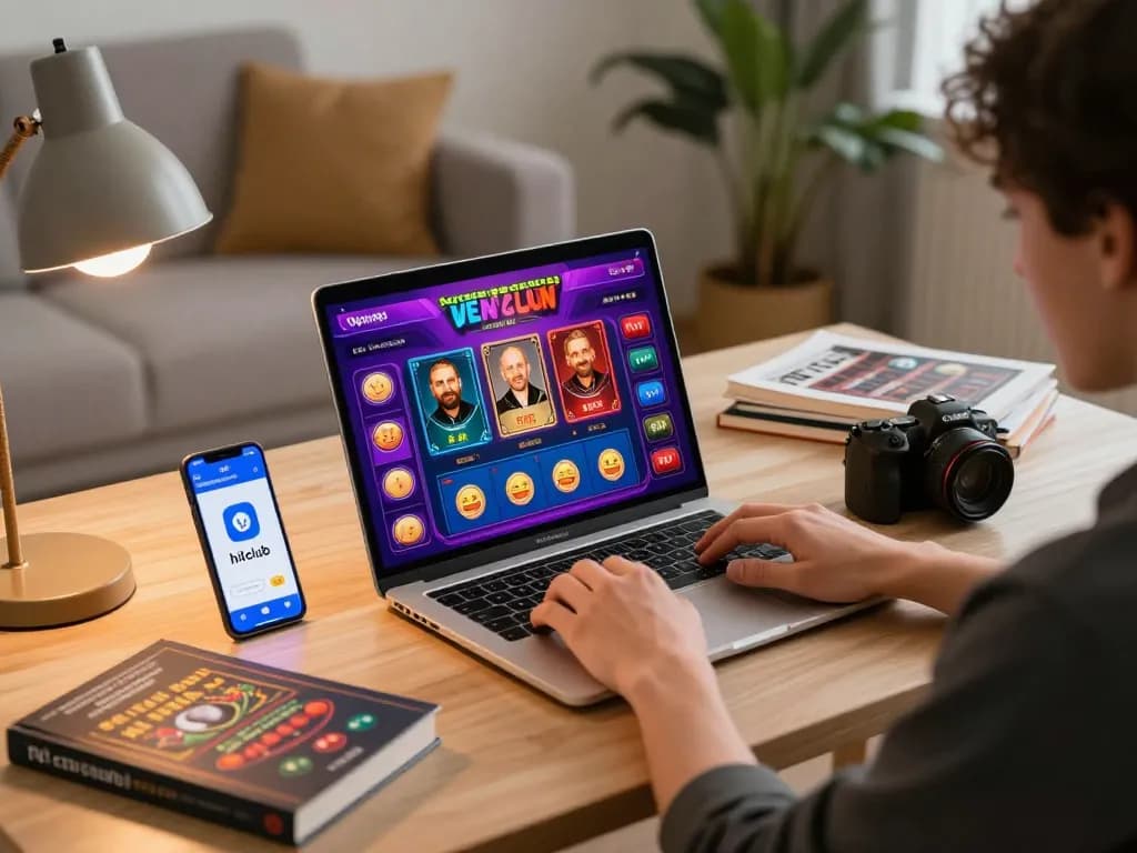 Playing online with the tải hitclub app on a laptop, showcasing vibrant casino interactions.