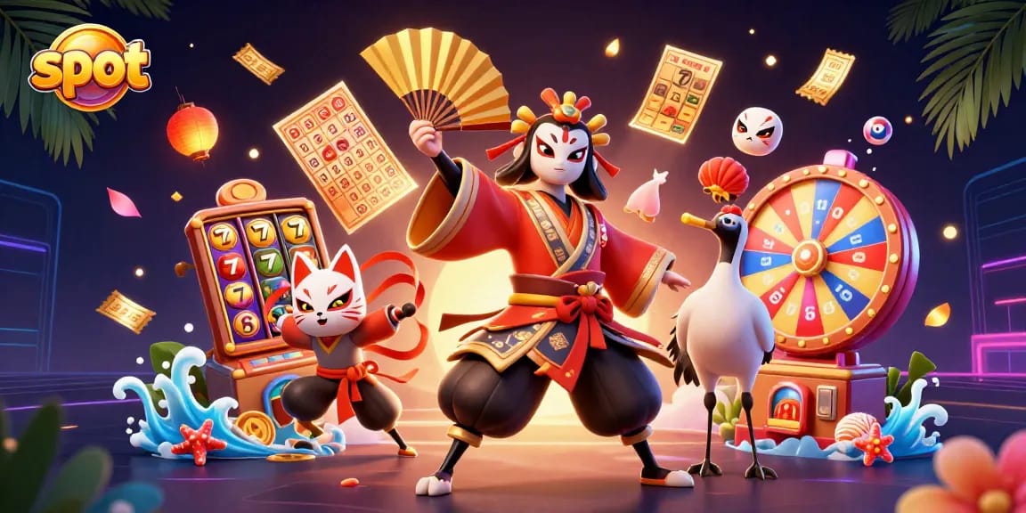 Spin the slot reels with a vibrant kabuki warrior and playful kitsune mask in a magical casino scene.