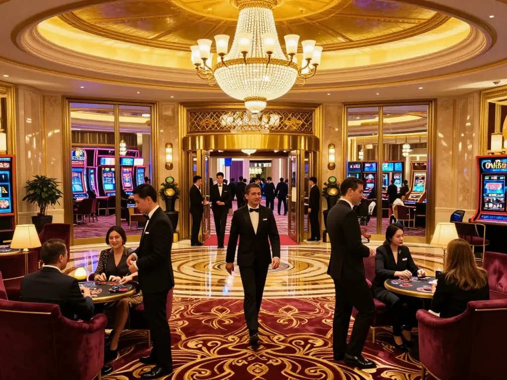 Experience luxury at CM88's casino entrance with guests arriving under stunning chandeliers.