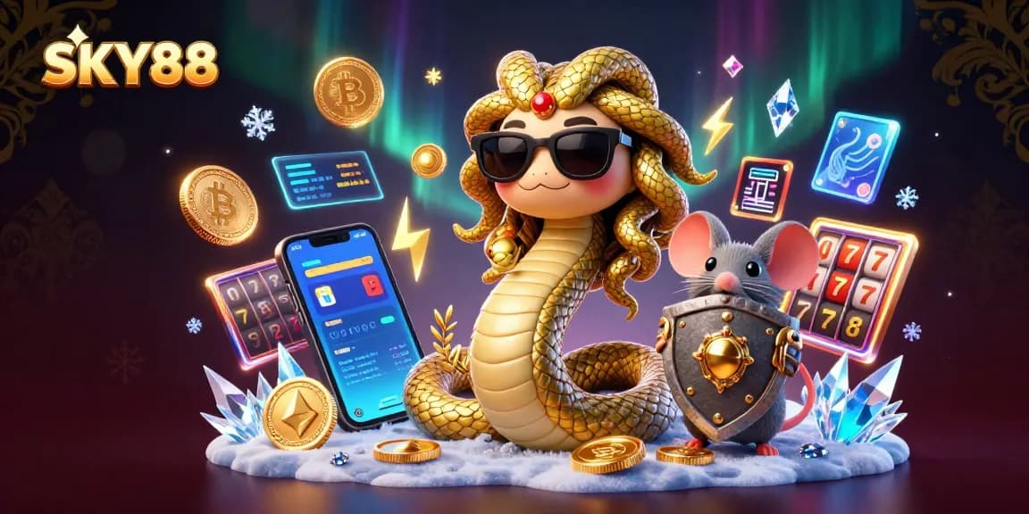 Engage with SKY88 at our vibrant crypto casino, featuring fun characters and lively gambling elements.