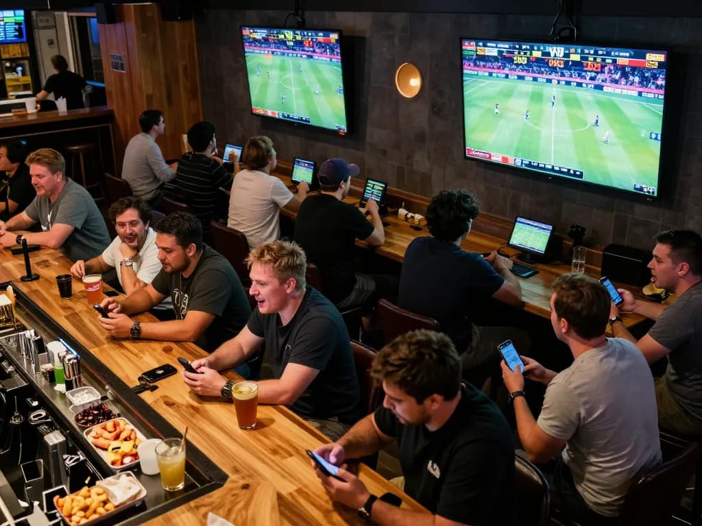 Experience thrilling sports betting excitement at 88vv with patrons cheering for live events.