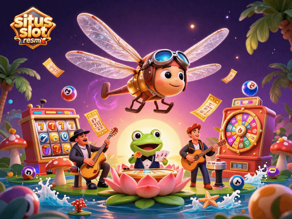 Play engaging slots at situs slot resmi featuring a fun dragonfly pilot and frog dealer.