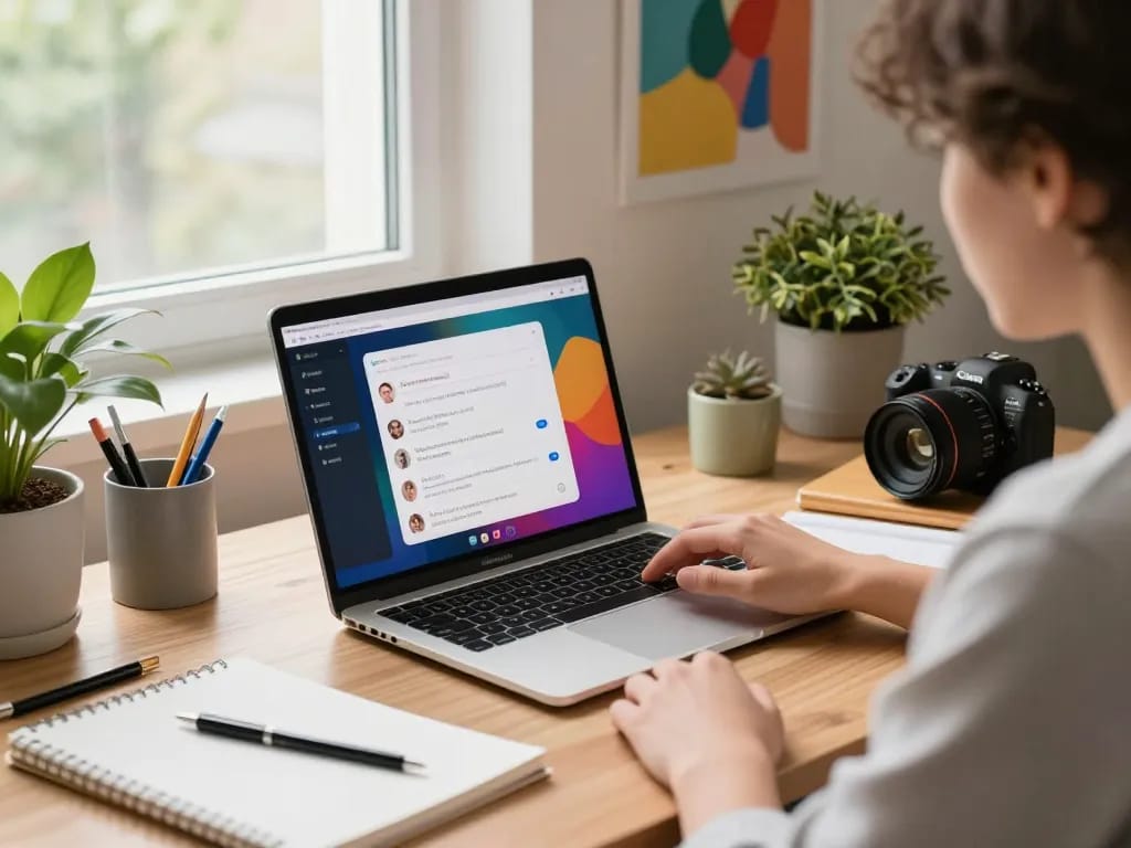Engaging in free ai sex chat on a laptop in a vibrant home office.