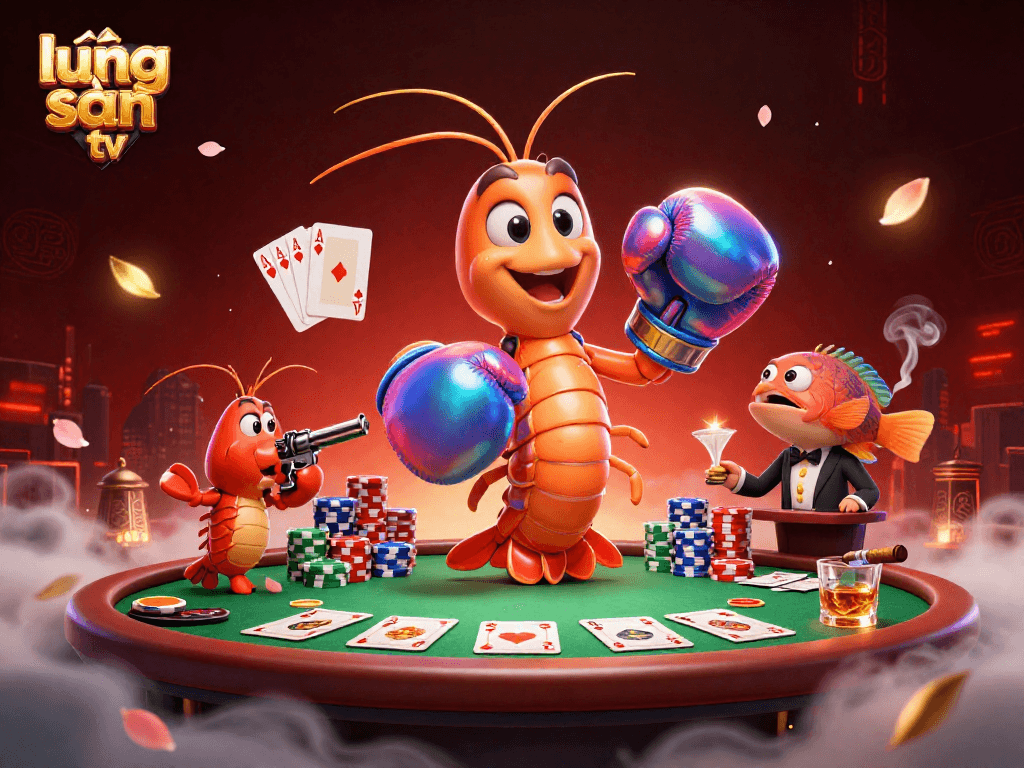 Lương Sơn TV showcases a vibrant poker scene with animated shrimp characters for a dynamic gambling experience.