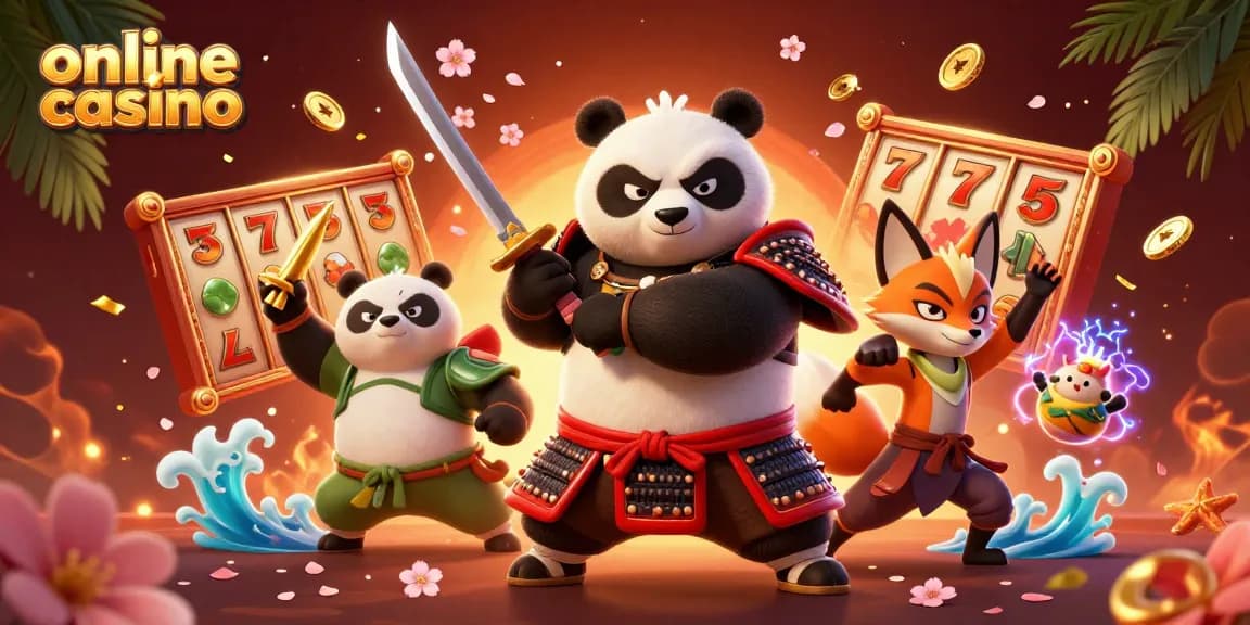 Engaging scene illustrating an online casino with samurai panda, ninja fox, and magical tanuki surrounded by slot reels.