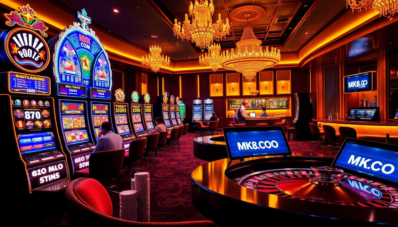 Players enjoying thrilling games and winning at MK8.COM online casino, featuring vibrant slot machines.